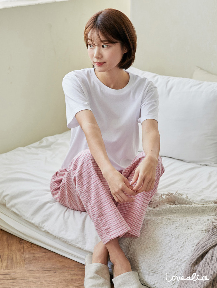(여성) 우디체크 선염기모 포켓 9부바지 잠옷 핑크