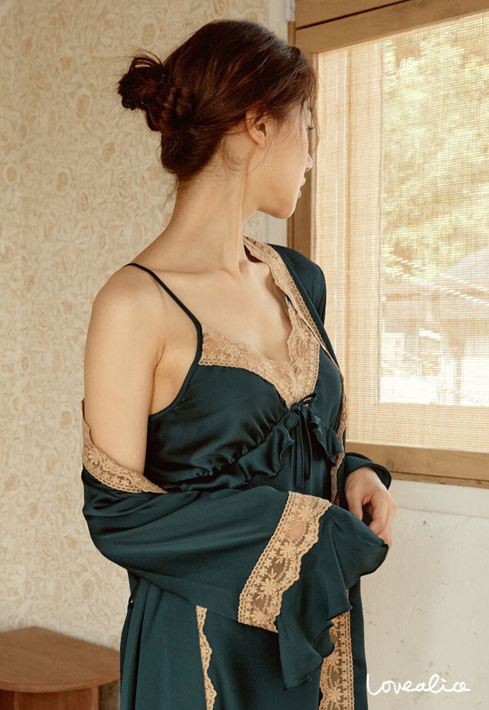 (여성) 라비나 샤머즈 원피스 가운 세트 홈웨어 잠옷