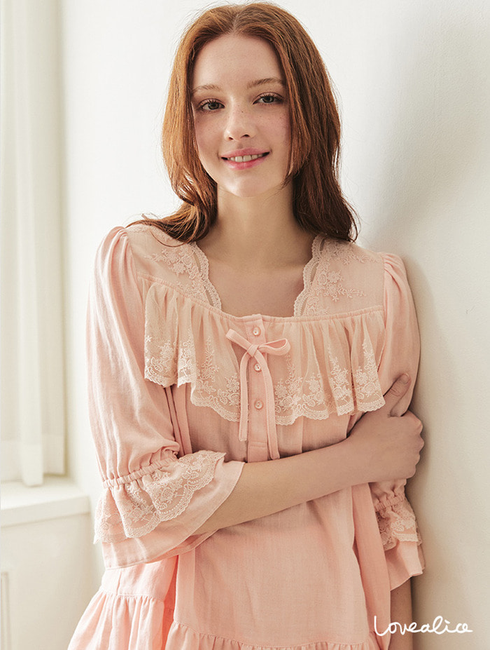 (sale 여성) 플랑 면레이온 이중지 7부소매 원피스잠옷 핑크