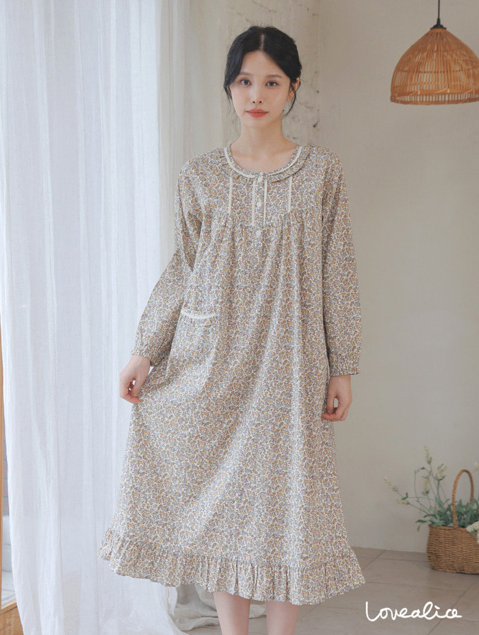 (여성) 라움꽃 60수고밀도면 긴팔원피스 잠옷