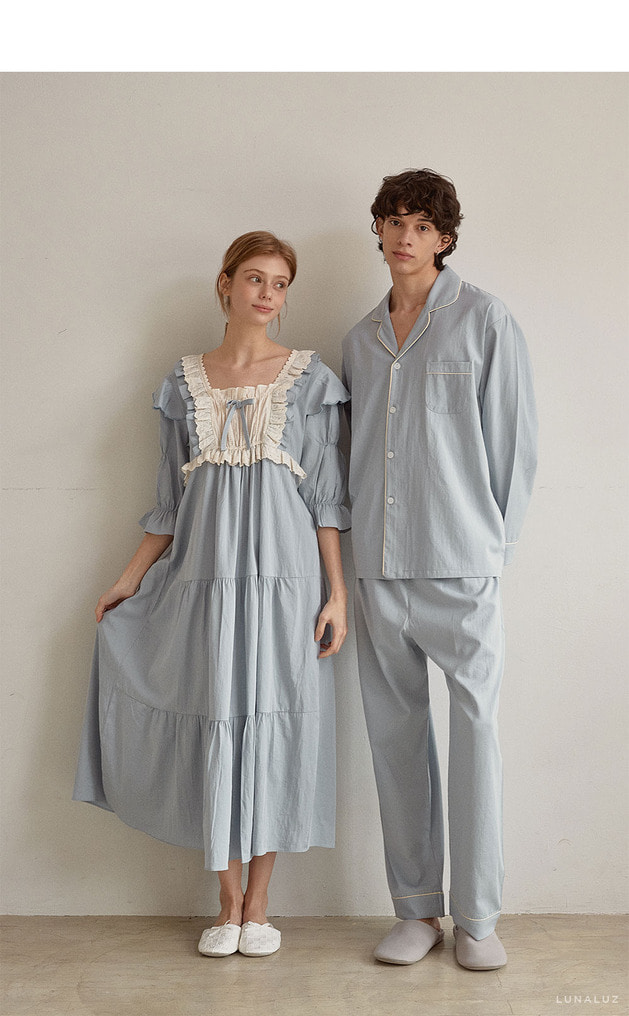 (커플) 쟌느 워싱코튼 스퀘어넥 7부소매원피스 커플잠옷